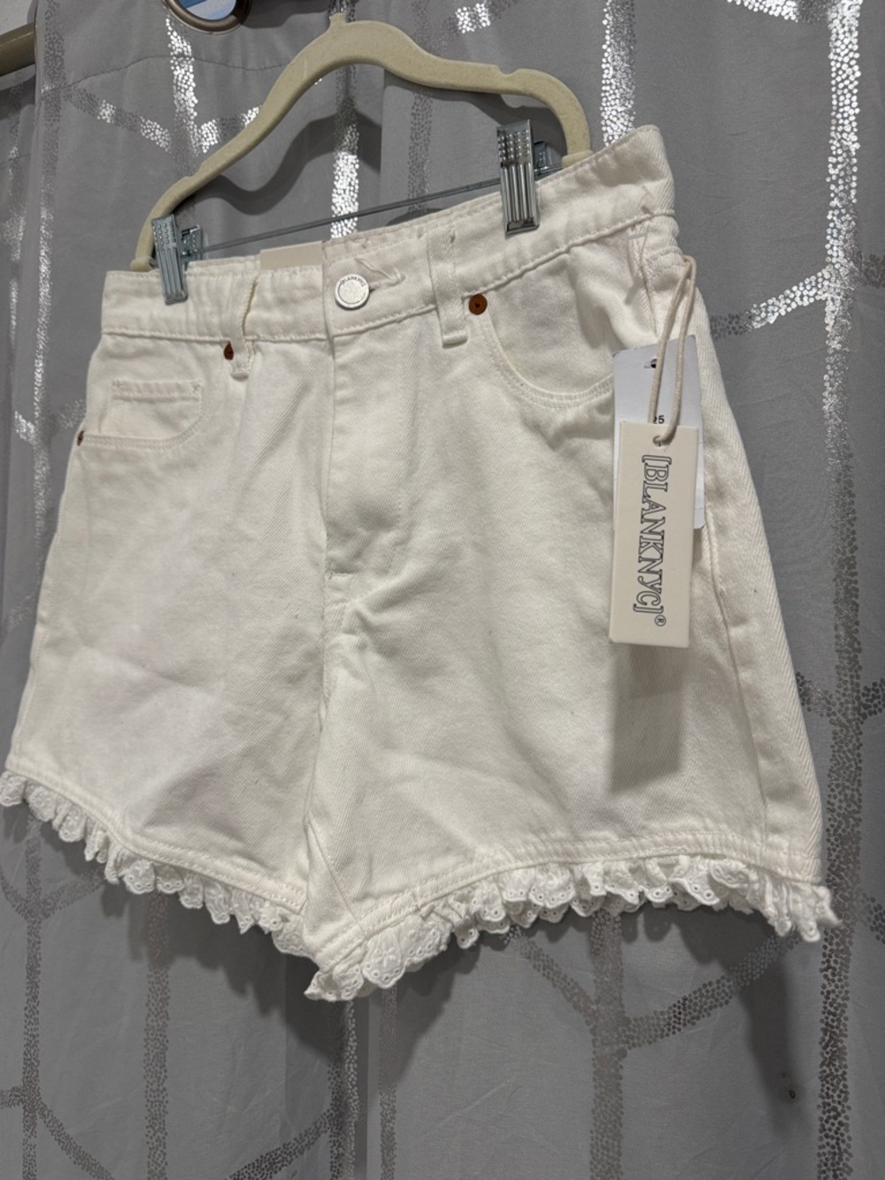 Blank NYC White Lace-Hem High-Rise Denim Shorts Womens 25